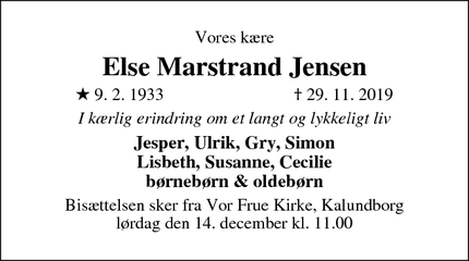 Dødsannoncen for Else Marstrand Jensen - Kalundborg