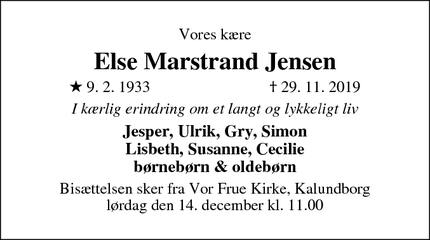 Dødsannoncen for Else Marstrand Jensen - Kalundborg