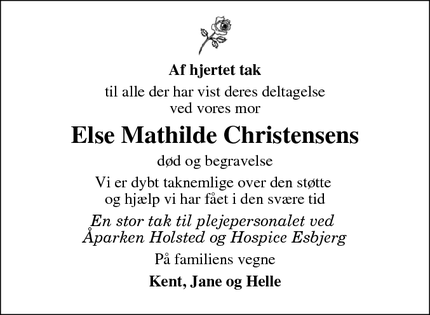 Dødsannoncen for Else Mathilde Christensens - Holsted