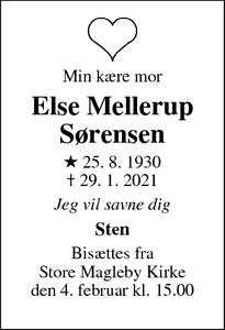 Dødsannoncen for Else Mellerup
Sørensen - Dragør