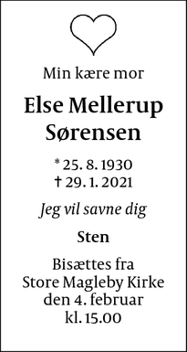 Dødsannoncen for Else Mellerup
Sørensen - Dragør