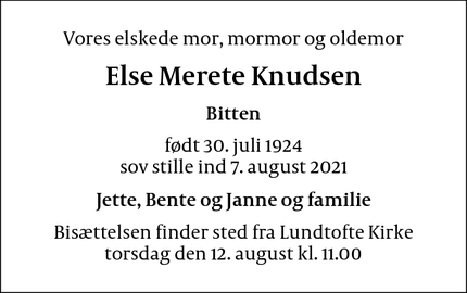 Dødsannoncen for Else Merete Knudsen - Rungsted Kyst