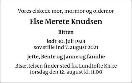 Dødsannoncen for Else Merete Knudsen - Rungsted Kyst
