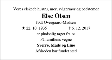 Dødsannoncen for Else Olsen - Humlebæk,3050