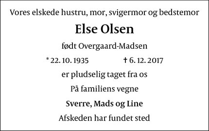 Dødsannoncen for Else Olsen - Humlebæk,3050