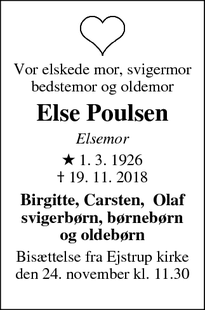 Dødsannoncen for Else Poulsen - Ejstrupholm