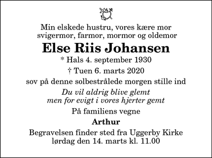 Dødsannoncen for Else Riis Johansen - Højbjerg