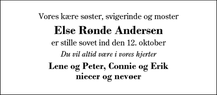 Dødsannoncen for Else Rønde Andersen - Herning