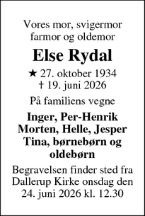 Dødsannoncen for Else Rydal - Gjern