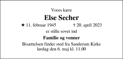 Dødsannoncen for Else Secher - Odense