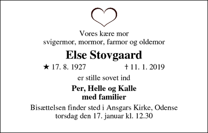 Dødsannoncen for Else Stovgaard - Odense