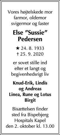 Dødsannoncen for Else ”Sussie” Pedersen - Hørsholm