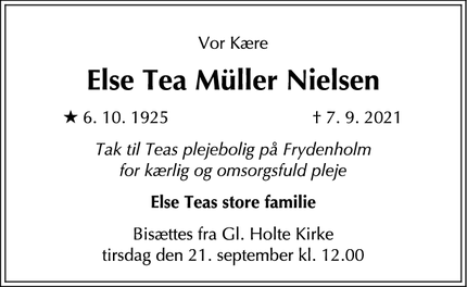 Dødsannoncen for Else Tea Müller Nielsen - Trørød