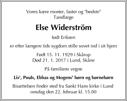 Dødsannoncen for Else Widerström - Lund, Sverige