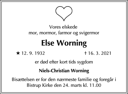 Dødsannoncen for Else Worning - Hørsholm