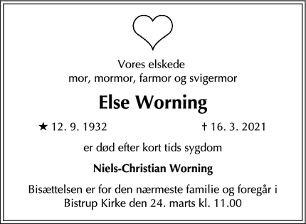 Dødsannoncen for Else Worning - Hørsholm