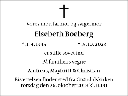 Dødsannoncen for Elsebeth Boeberg - Roskilde
