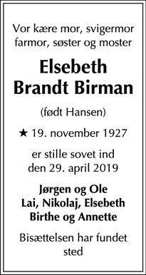 Dødsannoncen for Elsebeth
Brandt Birman - Bøstrup