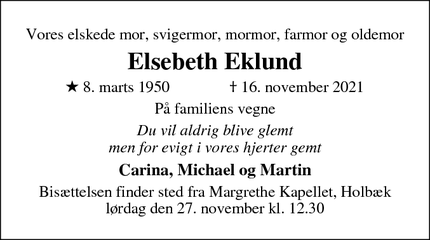 Dødsannoncen for Elsebeth Eklund - Gislinge