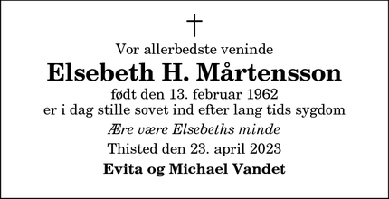 Dødsannoncen for Elsebeth H. Mårtensson - Børkop