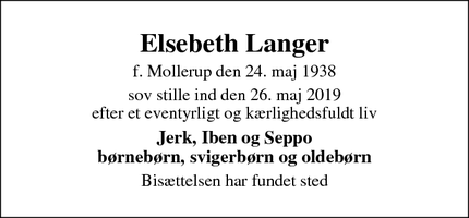 Dødsannoncen for Elsebeth Langer - Charlottenlund