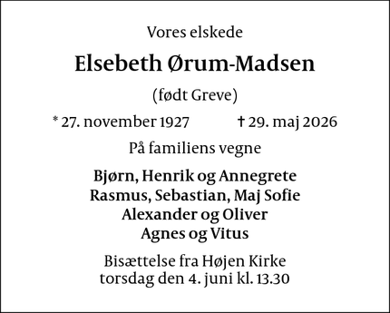 Dødsannoncen for Elsebeth &Oslash;rum-Madsen - Vejle