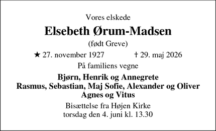Dødsannoncen for Elsebeth &Oslash;rum-Madsen - Vejle
