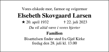 Dødsannoncen for Elsebeth Skovgaard Larsen - Gjøl