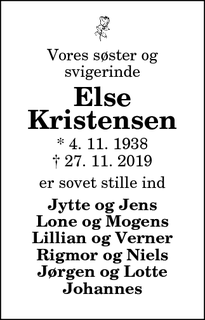 Dødsannoncen for Else
Kristensen - Vraa