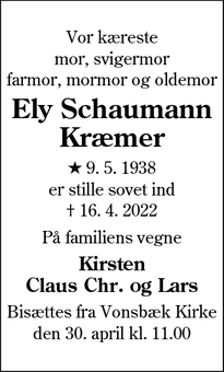 Dødsannoncen for Ely Schaumann
Kræmer - Odense C