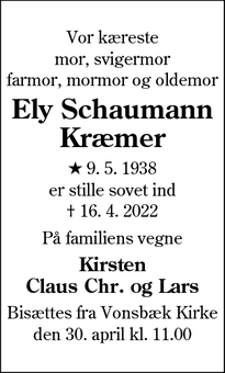 Dødsannoncen for Ely Schaumann
Kræmer - Odense C