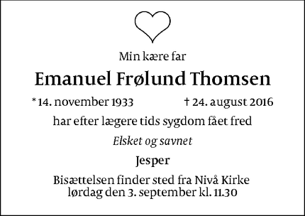 Dødsannoncen for Emanuel Frølund Thomsen - Nivå
