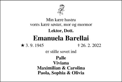 Dødsannoncen for Emanuela Barellai - Valby
