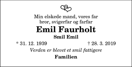 Dødsannoncen for Emil Faurholt - Hobro
