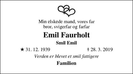 Dødsannoncen for Emil Faurholt - Hobro