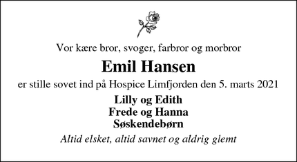 Dødsannoncen for Emil Hansen - Erslev