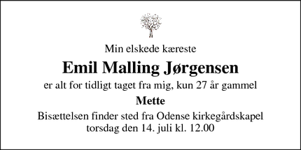 Dødsannoncen for Emil Malling Jørgensen - Søndersø