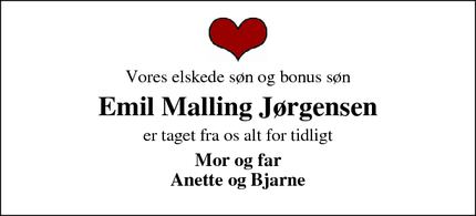Dødsannoncen for Emil Malling Jørgensen - Søndersø