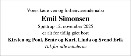 Dødsannoncen for Emil Simonsen - Spøttrup