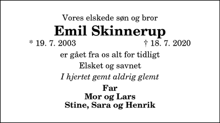 Dødsannoncen for Emil Skinnerup - ålestrup