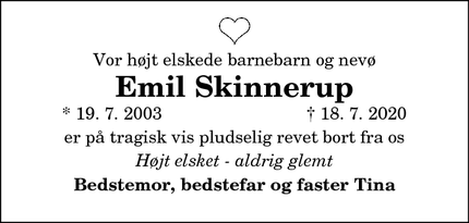 Dødsannoncen for Emil Skinnerup - Aalestrup