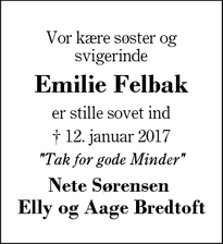 Dødsannoncen for Emilie Felbak - Kølkær