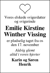 Dødsannoncen for Emilie Kirstine Winther Vissing - Breum