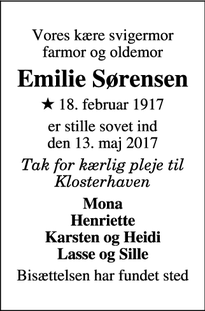 Dødsannoncen for Emilie Sørensen - Viborg