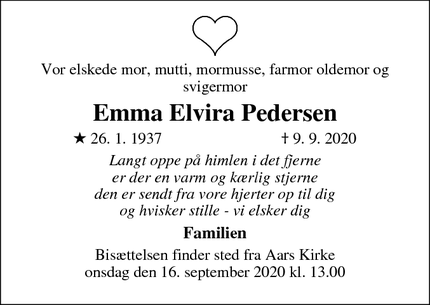 Dødsannoncen for Emma Elvira Pedersen - Aars
