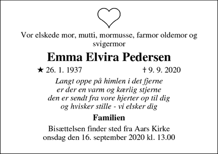 Dødsannoncen for Emma Elvira Pedersen - Aars