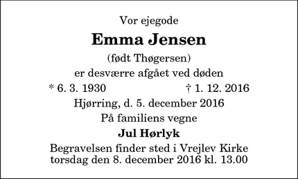 Dødsannoncen for Emma Jensen - Hjørring