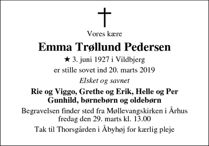 Dødsannoncen for Emma Trøllund Pedersen - Sabro