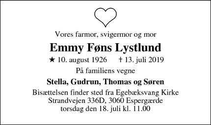 Dødsannoncen for  Emmy Føns Lystlund  - Espergærde