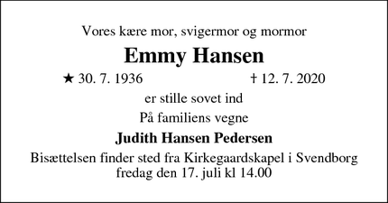 Dødsannoncen for Emmy Hansen - svendborg